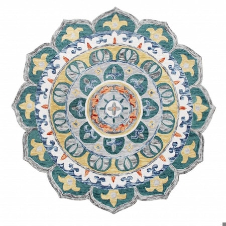 Homeroots 6 ft. Round Teal Floral Mandala Area Rug 396211